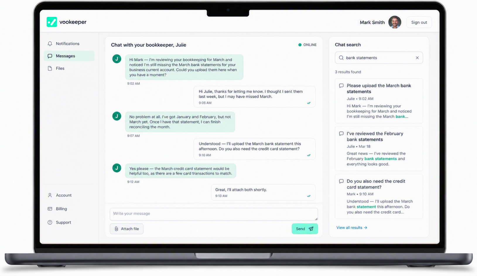 Vookeeper client portal showing messages, documents and bookkeeping requests